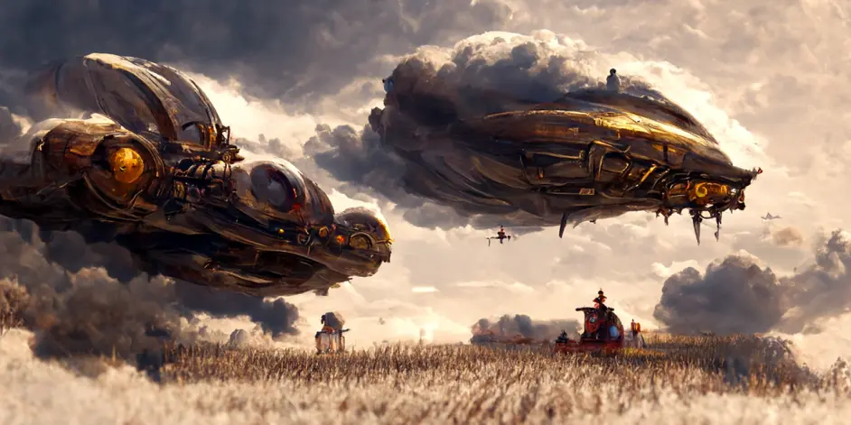 Prompt: Spaceship about to landing on a cornfield, steampunk, clouds in the sky, by Greg Rutkowski, concept art.{w:100}{w:100}{w:100}{w:100}{w:100}{w:100}{w:100}{w:100}{w:100}{w:100}{w:100}{w:100}{w:100}{w:100}{w:100}{w:100}